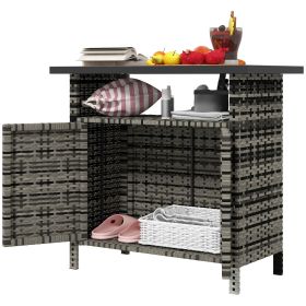 Wicker Outdoor Storage Cabinet with Two Doors and Shelf for Outdoor Pool Towel Storage, Mixed Gray