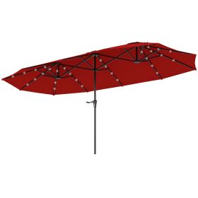 13ft Double-Sided Market Umbrella, Large Patio Umbrella with Solar Lights, Crank Handle for Garden, Pool, Yard, Wine Red