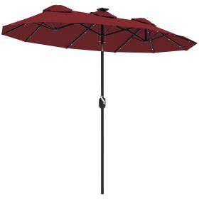 Double-sided Patio Umbrella, 9.7' Outdoor Umbrella with Tilt and Crank, LED Solar Light and 12 Ribs, Wine Red
