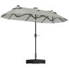 Double-sided Outdoor Patio Umbrella with Solar Lights and Base, Dining Table Umbrella Push Button Tilt, Gray