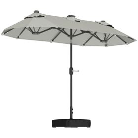 Double-sided Outdoor Patio Umbrella with Solar Lights and Base, Dining Table Umbrella Push Button Tilt, Gray