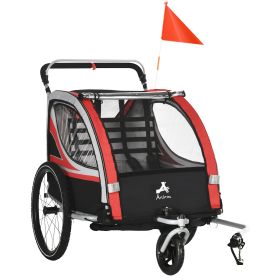 2-in-1 Red Child Bike Trailer & Baby Stroller, Enhanced Safety Features, Brake, Flag, Reflectors, Storage