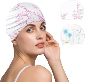 2pcs Adult Swim Caps for Women, Silicone Waterproof Swimming Caps - Fits Long/Short Hair