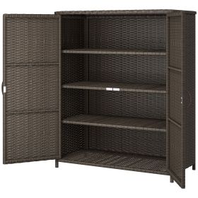 Rattan Wicker Outdoor Storage Cabinet with 4 Shelves and 2 Doors for Garden Pool Towel Storage, Coffee