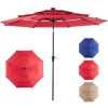 10 FT 3-Layer Solar Patio Umbrella, 32 LED Lights Market Umbrella with Adjustable Tilt, 8-Rib Outdoor Sunshade for Backyard, Deck and Poolside, Red
