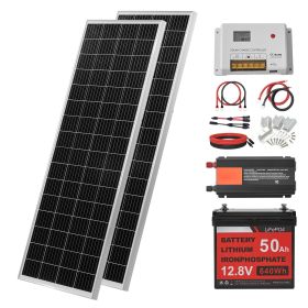 V200W 12V Complete Solar Power Kit, 2PCS 100W Monocrystalline Solar Panels + 12.8V 50Ah LiFePO4 Battery + 40A Charge Controller + 800W Power Inverter