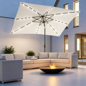 White 9' X 7' Patio Umbrella with Crank Solar LED Lights 45° Tilt Push-Button Operation for Deck Backyard Pool Lawn Outdoor Table Market Umbrella