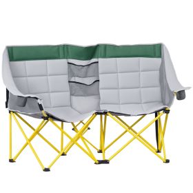 Loveseat Style Camping Chair, Oversized Folding Lawn Chair with Carry Bag & Cup Holders, for Outdoor, Beach, Picnic, Hiking, Travel, Green & Gray