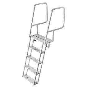 Flip-Up Dock Ladder, 5-Step, Heavy-Duty Aluminum Alloy Pontoon Boat Swim Ladder, with Non-Slip Wide Steps, 350 lbs Weight Capacity, Pull Rope Assist