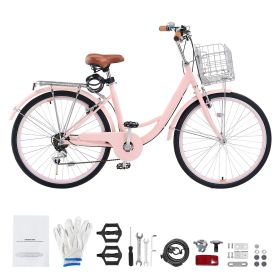 Cruiser Bike, 7-Speed, 26-Inch Pink Beach Cruiser Bike with Large Capacity Basket and Rear Rack, Secure & Sturdy Cruiser Bike with Adjustable Seat