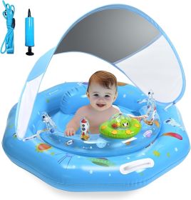 Baby Pool Float with Canopy, Inflatable Baby Swim Float with UPF50+ Sun Protection, Infant Pool Float with Toy Play Console,Safety Handles & Leashes