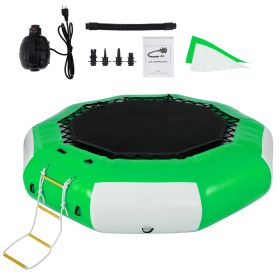 Inflatable Water Trampoline, 13ft Recreational Water Bouncer with Escalator, Round Inflatable Water Trampoline in Green and White
