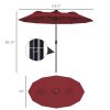 Double-sided Patio Umbrella, 9.7' Outdoor Umbrella with Tilt and Crank, LED Solar Light and 12 Ribs, Wine Red