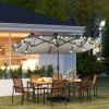 Double-sided Outdoor Patio Umbrella with Solar Lights and Base, Dining Table Umbrella Push Button Tilt, Gray