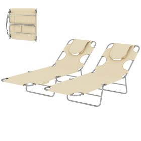 2 Tanning Chairs with Face Hole, 5-Level Adjustable Outdoor Chaise Lounge Chair with Pillow for Beach, Pool, Beige (Option: Beige-730x230x580 mm)