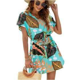 Women Casual Swim Cover up Short Sleeve Mini Beach Dress (Color: style 6, size: L)