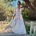Crochet White Knitted Beach Cover up dress Tunic Long Pareos Bikinis Cover ups Swim Cover up Robe Plage Beachwear (Color: LXF8435W1, size: One size)