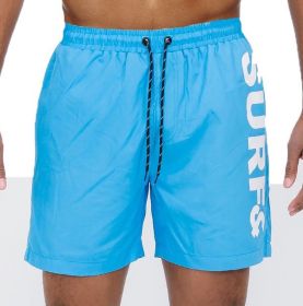 Solid Lined Beach Swim Text Swim Shorts (Color: Marina, size: L)