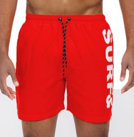 Solid Lined Beach Swim Text Swim Shorts (Color: Red, size: 3XL)