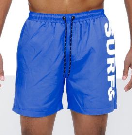 Solid Lined Beach Swim Text Swim Shorts (Color: Blue, size: L)
