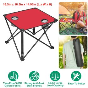 1Pc/2Pcs Options -- Foldable Camping Table Portable Picnic Table Lightweight Travel Desk with 2 Cup Holders Carrying Bag (Color: Red, Quantity: 1Pc)