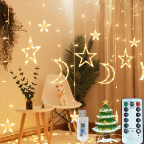 Ramadan Solar Icicle Lights,Outdoor Waterproof Moons Stars Curtain Window String with 8 Modes Timer Remote (Quantity: 2Pcs)