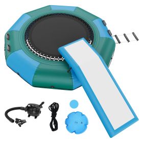 Inflatable Water Bouncer, 10ft Recreational Water Trampoline, Portable Bounce Swim Platform with Slide, 3-Step Ladder & Electric Air Pump (Color: Blue & Green, size: 10 ft)