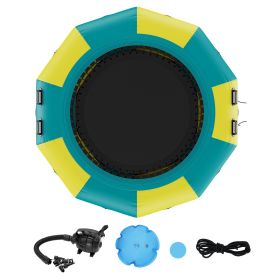 Inflatable Water Bouncer, 10ft Recreational Water Trampoline, Portable Bounce Swim Platform with 3-Step Ladder & Electric Air Pump (Color: Green & Yellow, size: 10 ft)