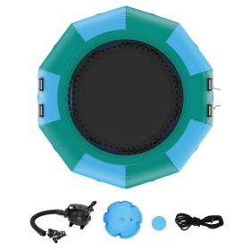Inflatable Water Bouncer, 10ft Recreational Water Trampoline, Portable Bounce Swim Platform with 3-Step Ladder & Electric Air Pump (Color: Blue & Green, size: 10 ft)