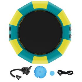 Inflatable Water Bouncer, 13ft Recreational Water Trampoline, Portable Bounce Swim Platform with 3-Step Ladder & Electric Air Pump (Color: Green & Yellow, size: 13 ft)