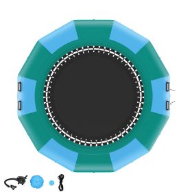 Inflatable Water Bouncer, 12ft Recreational Water Trampoline, Portable Bounce Swim Platform with 3-Step Ladder & Electric Air Pump (Color: Blue & Green, size: 12 ft)