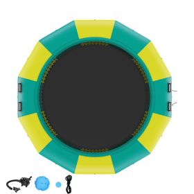 Inflatable Water Bouncer, 12ft Recreational Water Trampoline, Portable Bounce Swim Platform with 3-Step Ladder & Electric Air Pump (Color: Green & Yellow, size: 12 ft)