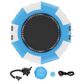 Inflatable Water Bouncer, 10ft Recreational Water Trampoline, Portable Bounce Swim Platform with 3-Step Ladder & Electric Air Pump (Color: Blue & White, size: 10 ft)