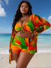 Plus Size Multi-Color Patchwork Printed V-Neck Camisole Boxer Shorts Slim Fit Covering Women's Beach Vacation Swimsuit Three-Piece Set