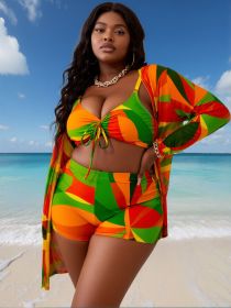 Plus Size Multi-Color Patchwork Printed V-Neck Camisole Boxer Shorts Slim Fit Covering Women's Beach Vacation Swimsuit Three-Piece Set (size: 1XL)
