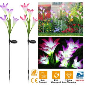 2Pcs Solar Garden Lights Outdoor Lily Flower LED Light 7-Color Changing IP65 Waterproof Pathway Stake Lights Patio Decorative for Garden Patio Yard Wa (Color: AS  PIC)