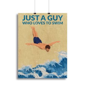 Just a Guy Who Loves To Swim blue Canvas Print or Poster (Type: Standard Framed Canvas Print, size: 16" x 12" / 42cm x 30cm approx)